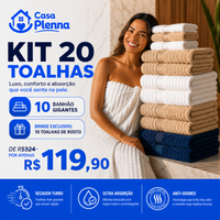 CloudSoft™ – Toalha Premium Algodão Turco | Kit 10 Banhão + 10 Rosto (BRINDE)